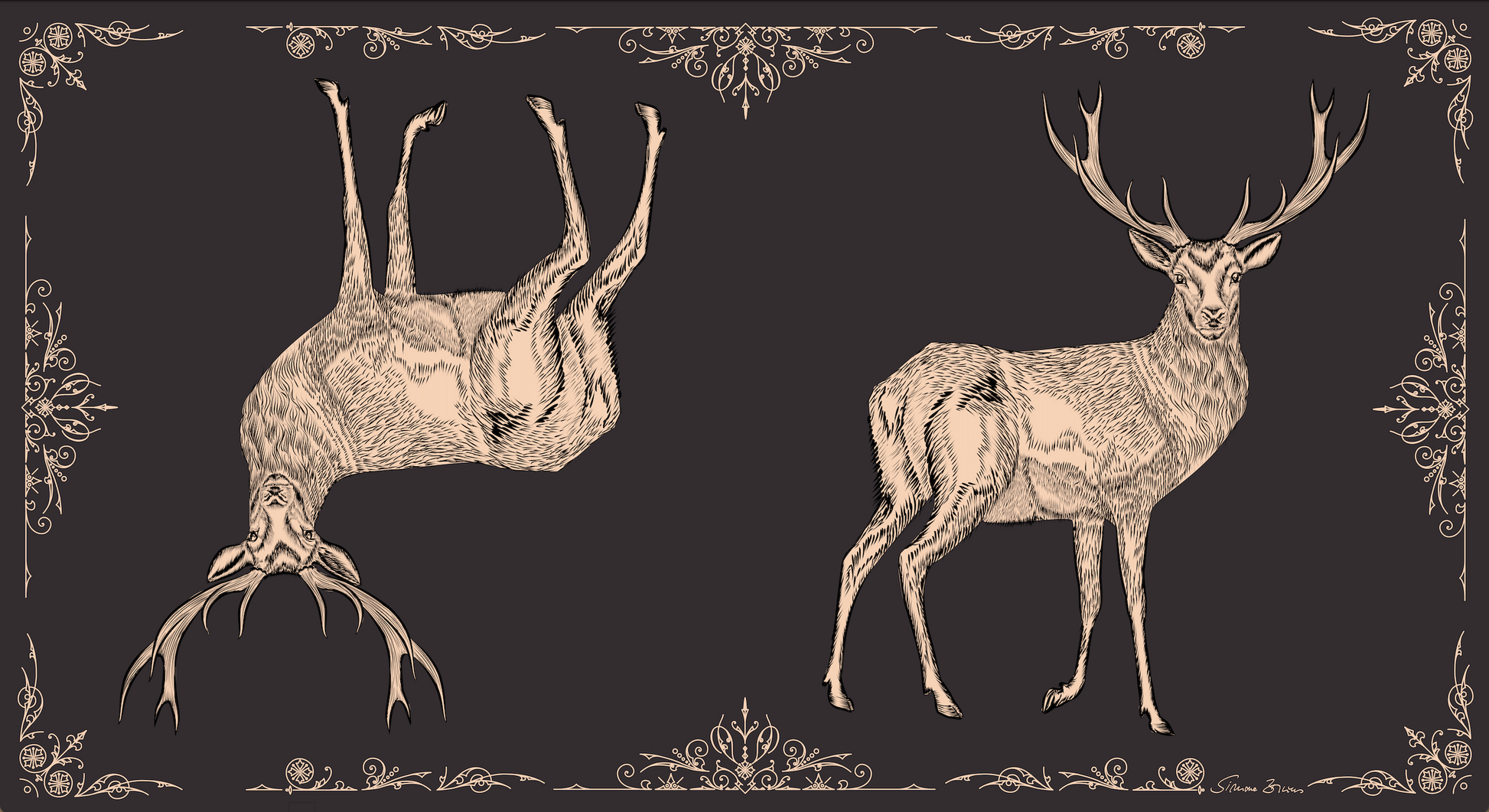 VINTAGE  ANIMALS CASHMERE SCARF - STAG BLACK