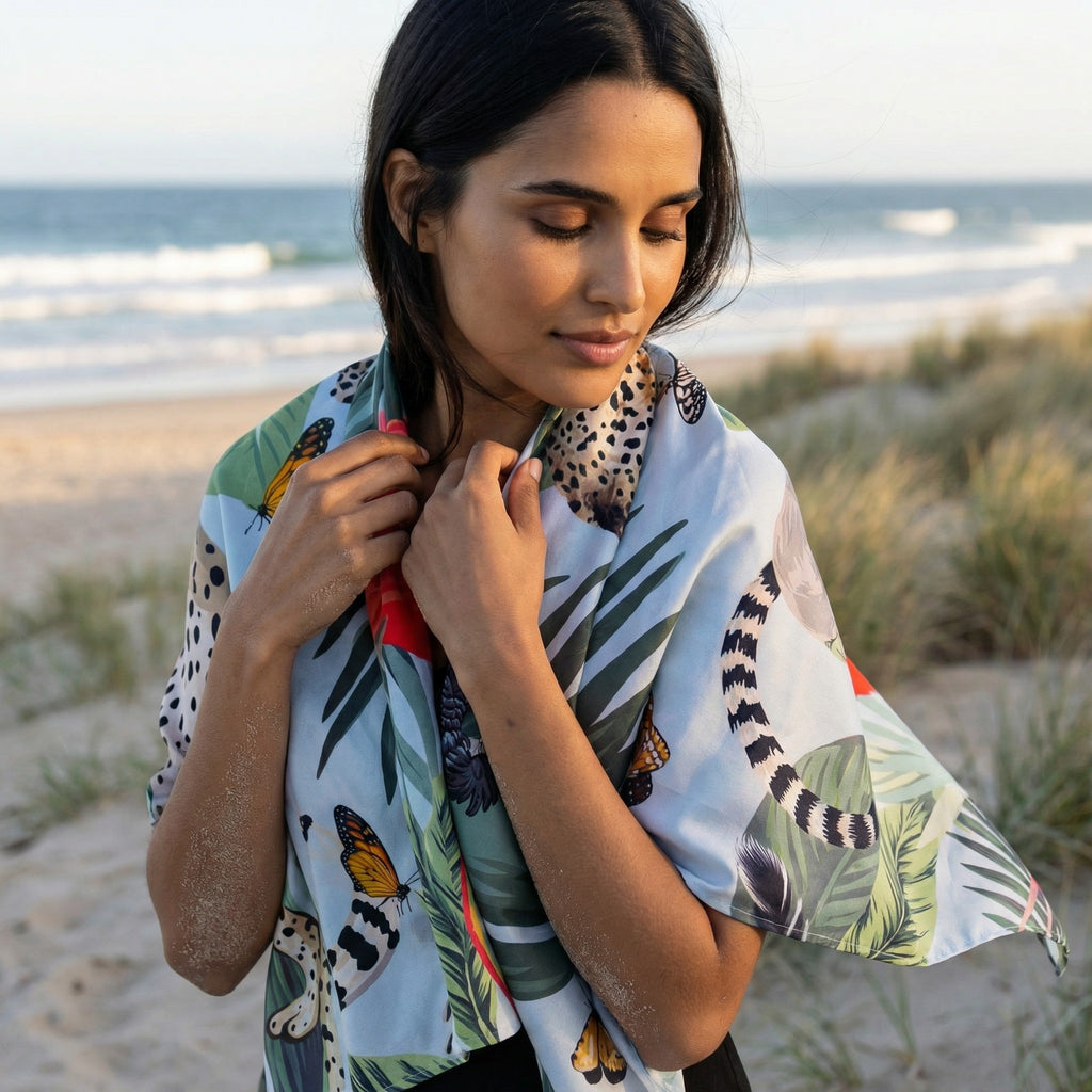 LEO & FLAMINGO SILK SCARF - LIGHT BLUE