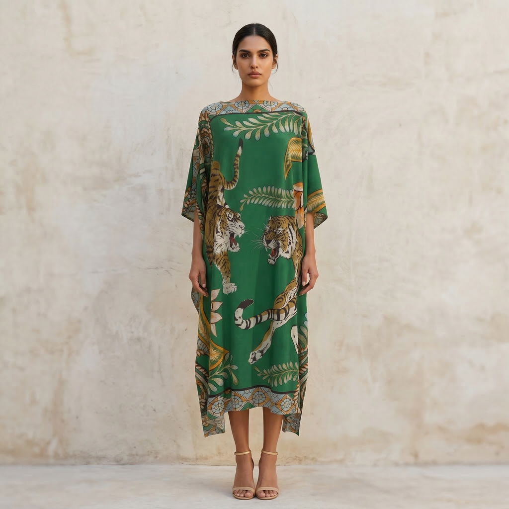 TIGER & JUNGLE SILK TUNIC - GREEN