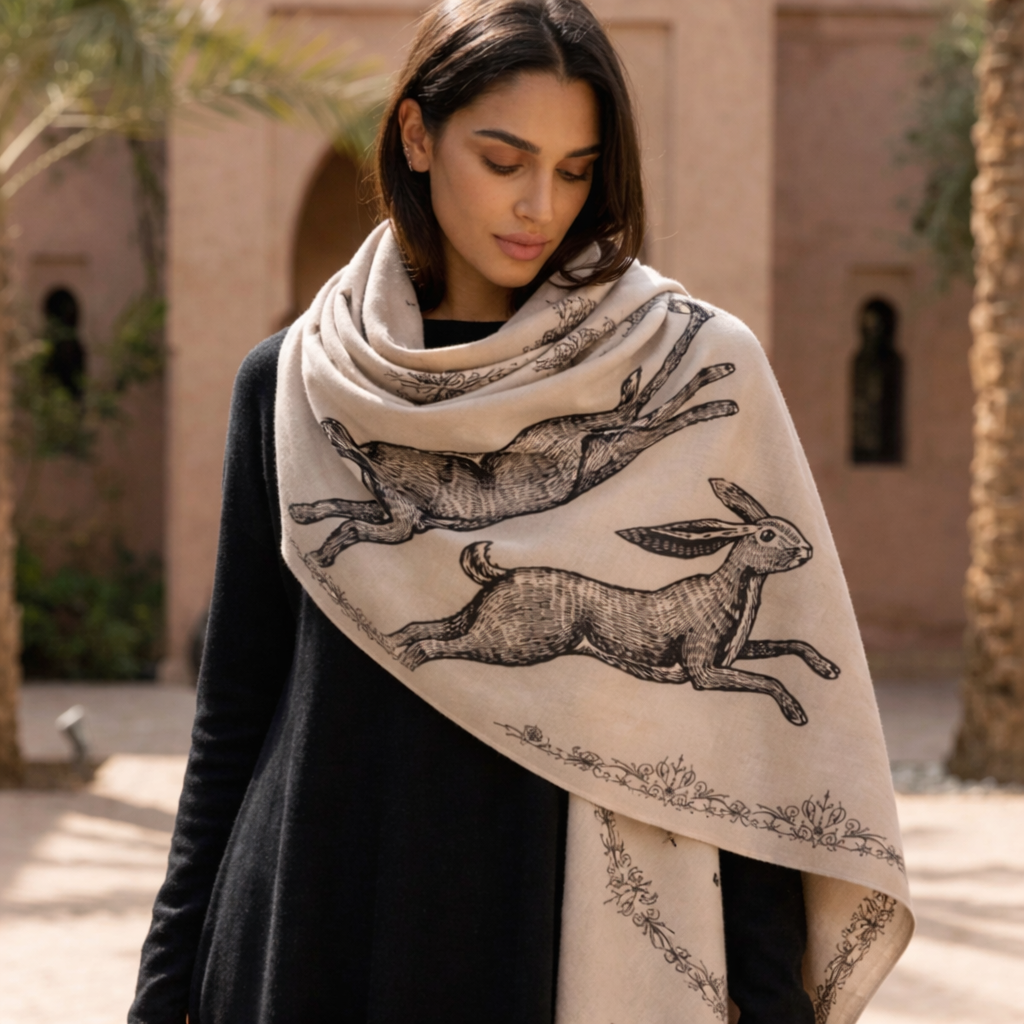 VINTAGE  ANIMALS CASHMERE SCARF - BUNNY TAUPE