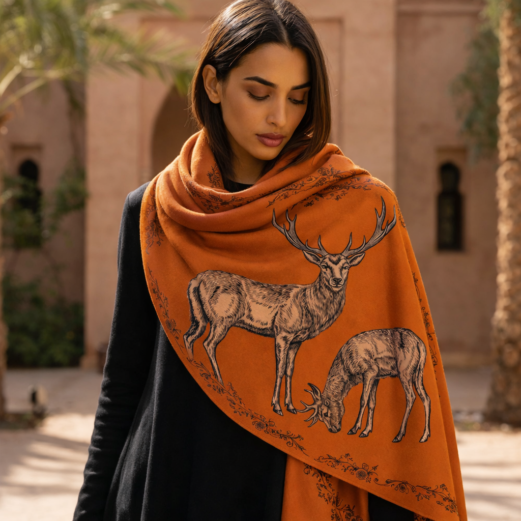 VINTAGE  ANIMALS CASHMERE SCARF - STAG GOLD