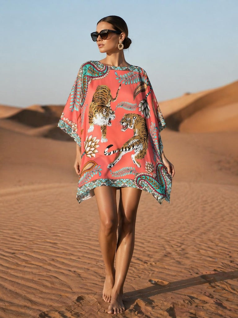 TIGER & JUNGLE SHORT DRESS - CORAL