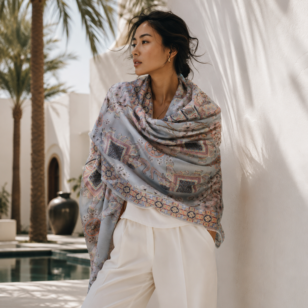 ELEPHANT CEREMONY CASHMERE SCARF -  LIGHT BLUE