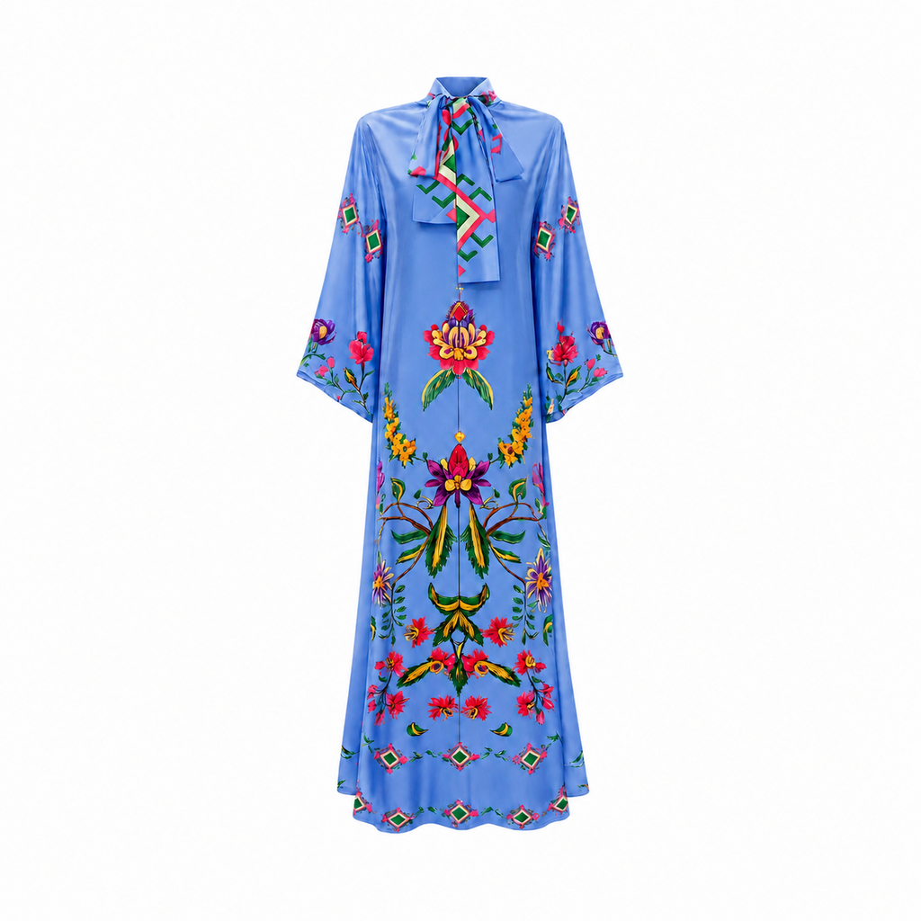 ETHNO FLORAL PRINCESS DRESS-BLUE