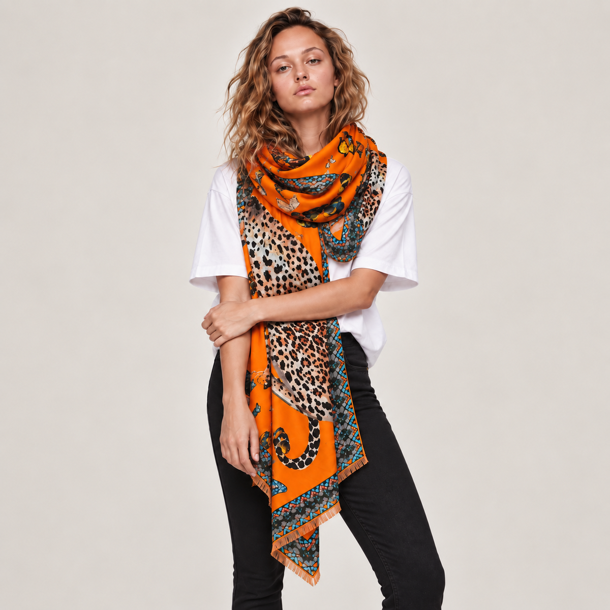 LEO & BUTTERFLY CASHMERE SCARF - JELLO