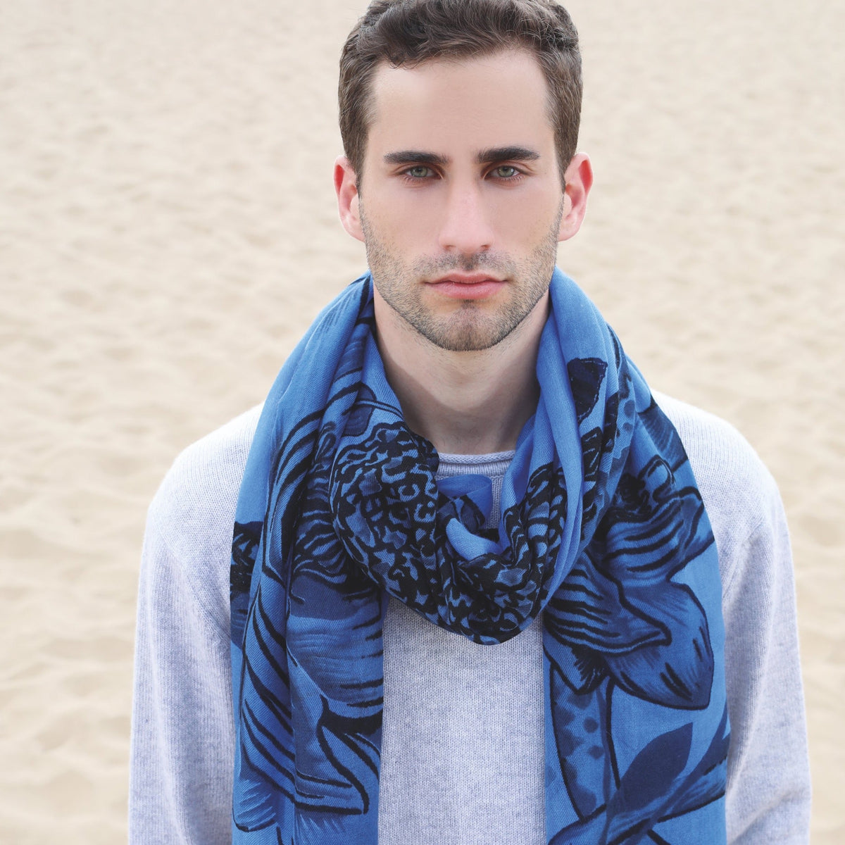 BOTANICAL FELTED CASHMERE  SCARF - BLUE