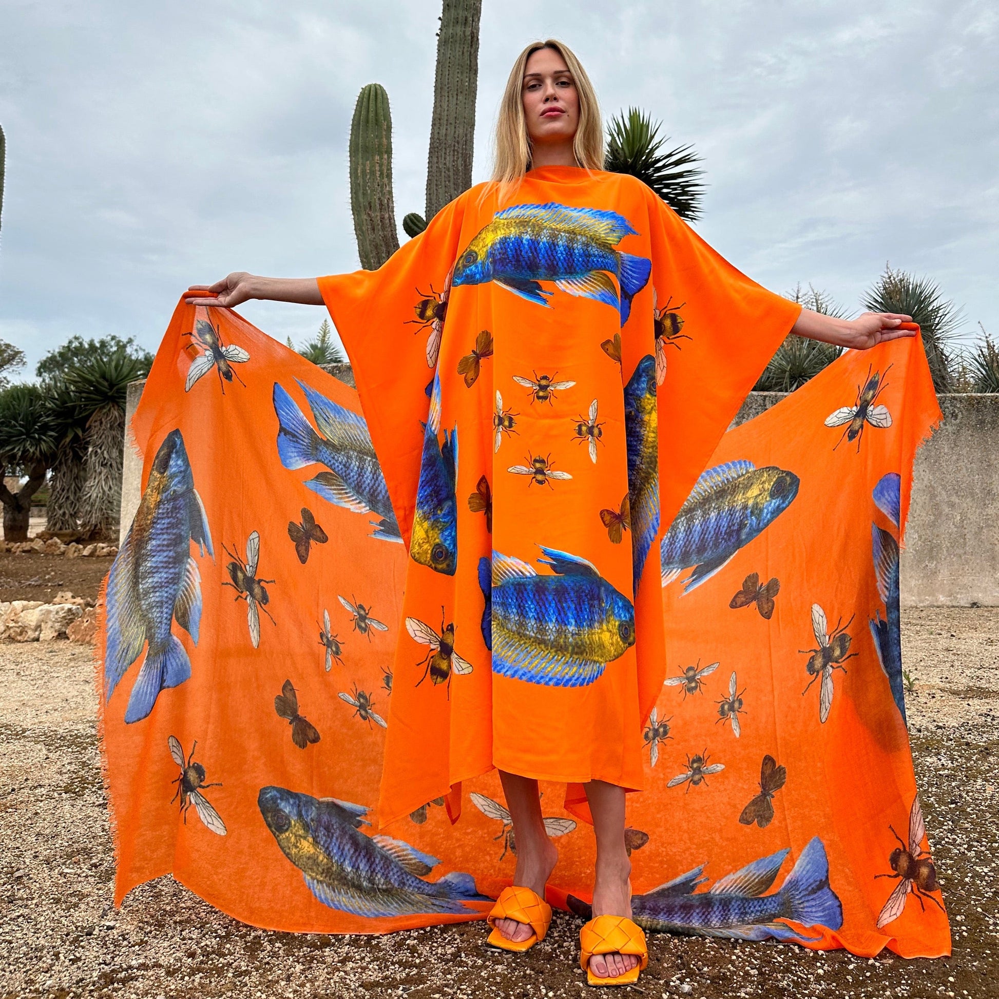 BUTTERFLY & FISH SILK TUNIC - ORANGE