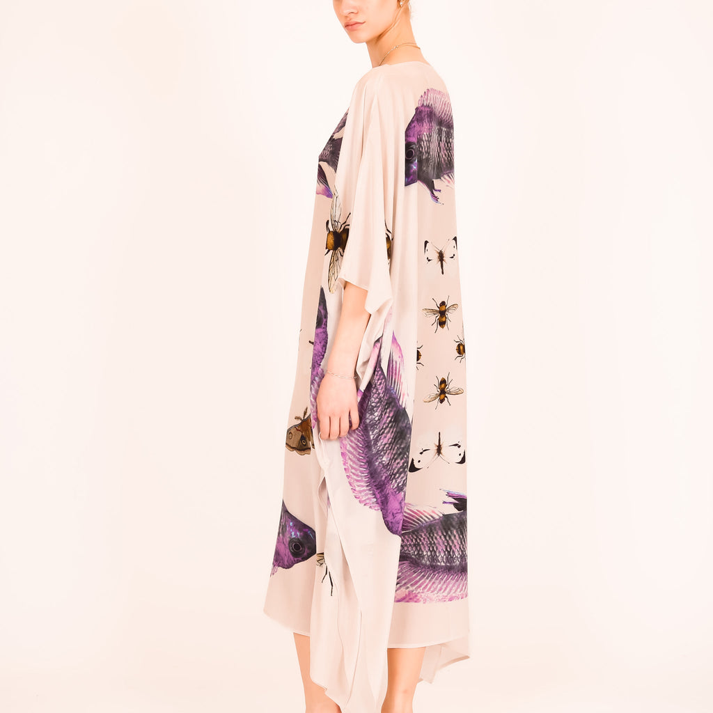 BUTTERFLY & FISH SILK TUNIC - TAUPE