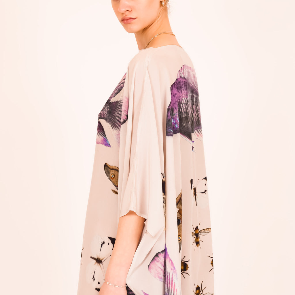 BUTTERFLY & FISH SILK TUNIC - TAUPE