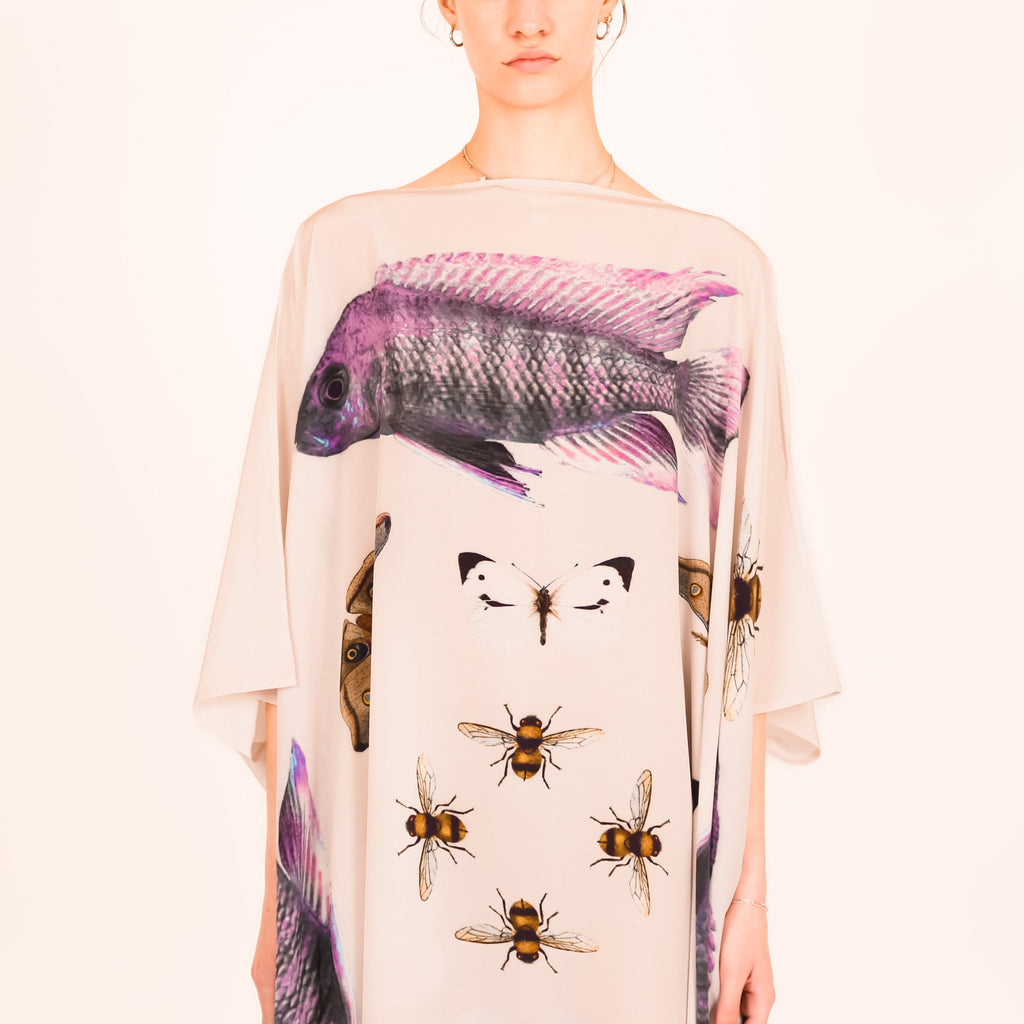 BUTTERFLY & FISH SILK TUNIC - TAUPE
