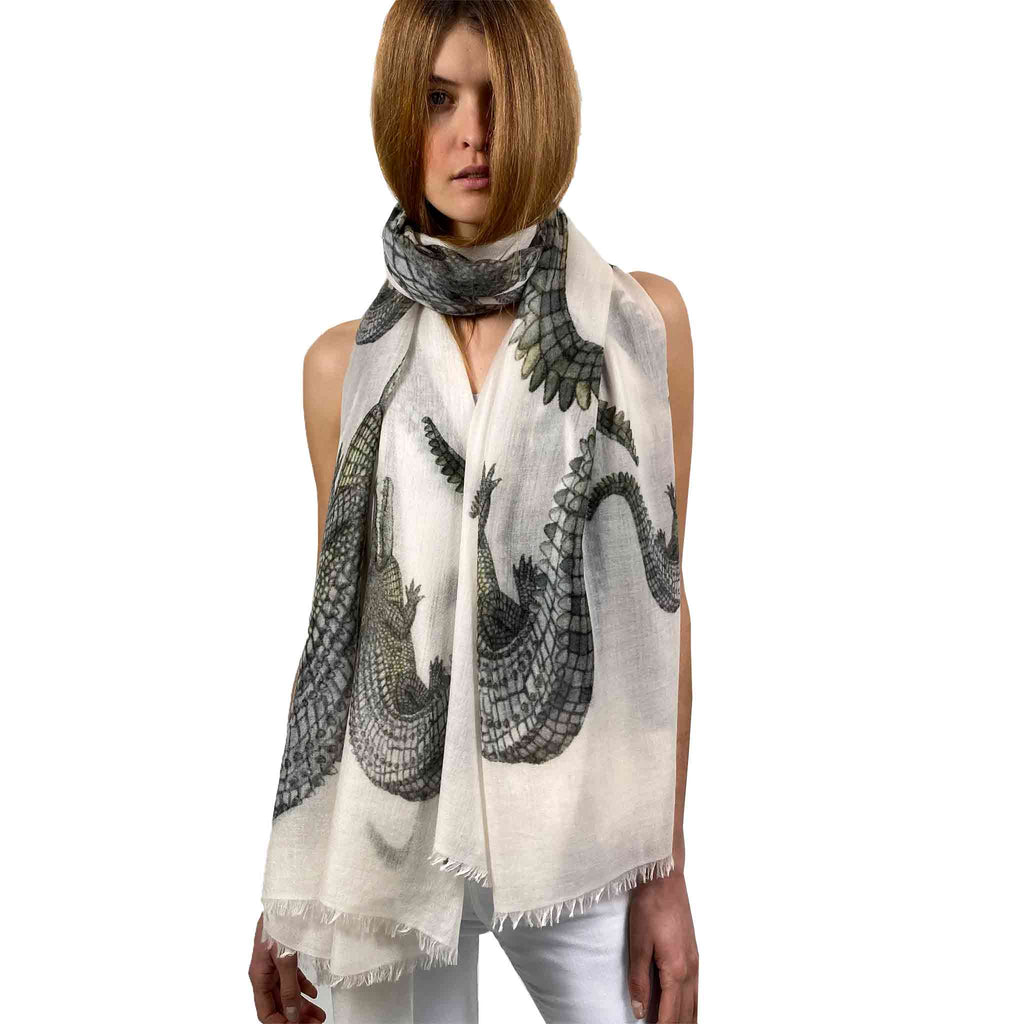 CROCODILE CASHMERE SCARF - OFF-WHITE