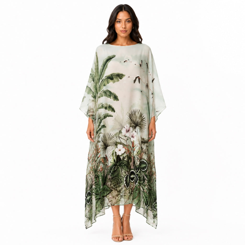 FLAMINGOS SILK TUNIC - GREEN