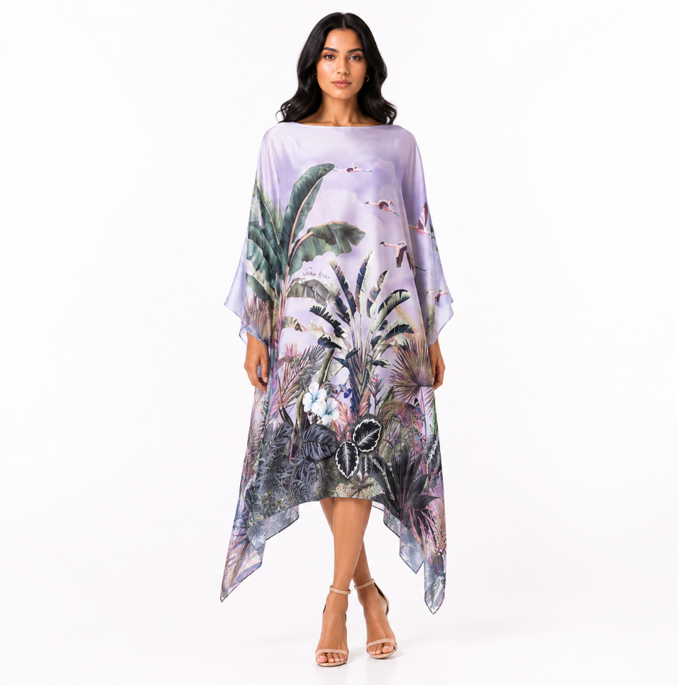FLAMINGOS SILK TUNIC - LIGHT BLUE