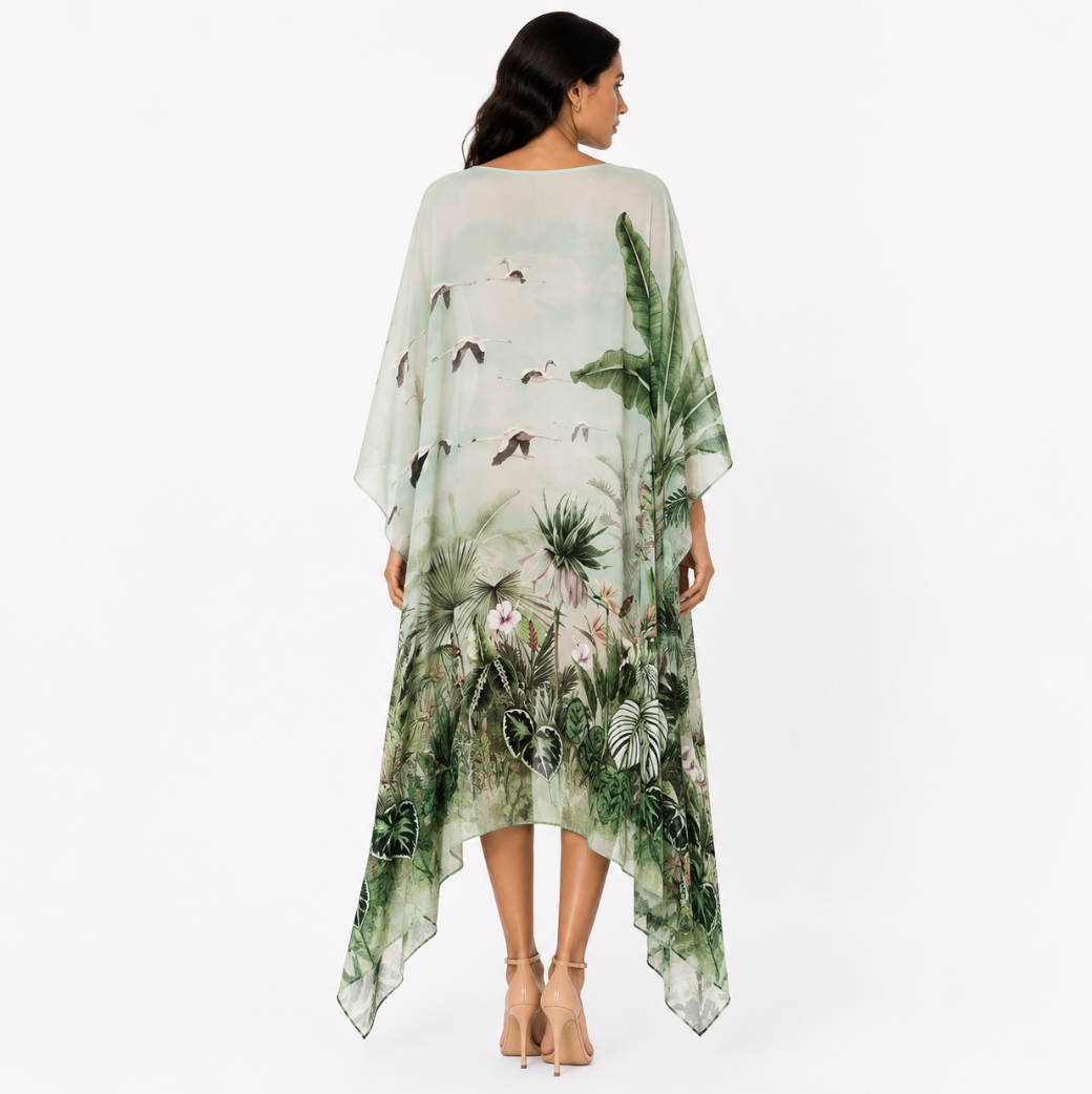 FLAMINGOS SILK TUNIC - GREEN