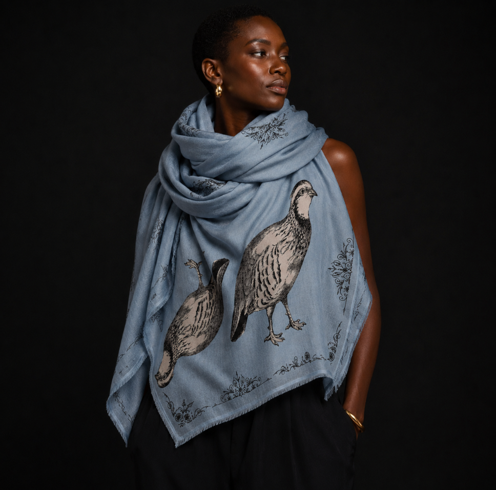 VINTAGE  ANIMALS CASHMERE SCARF - PARTRIDGE SMOKEY BLUE
