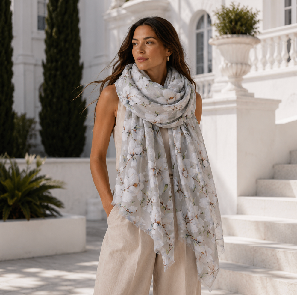 MAGNOLIA CASHMERE SCARF - LIGHT GREY