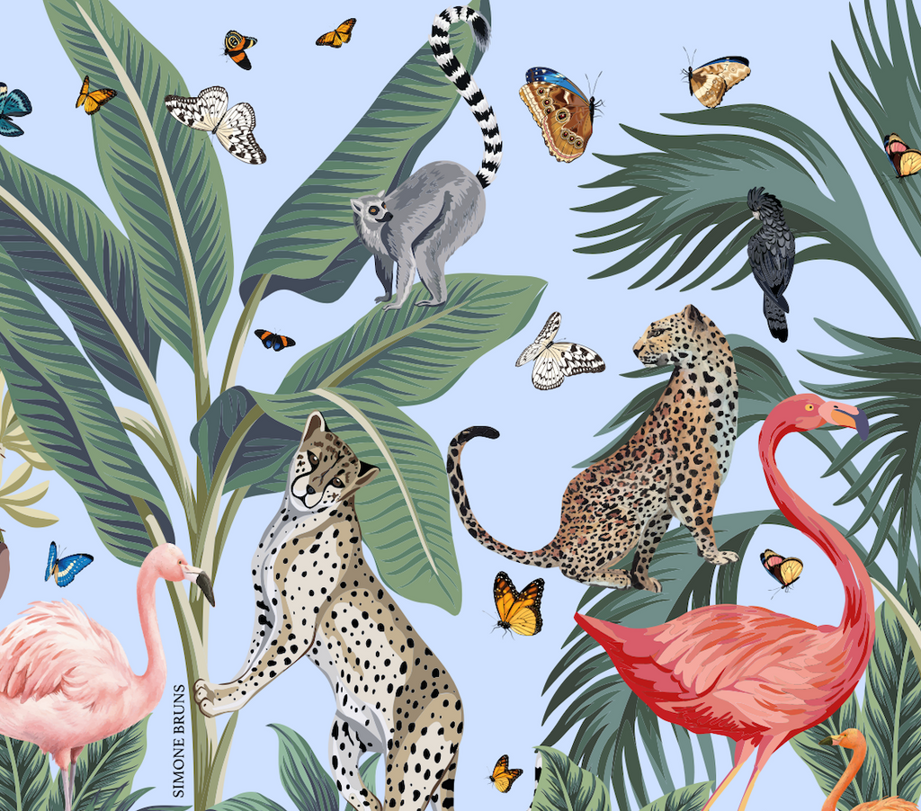 LEO & FLAMINGO SILK SCARF - LIGHT BLUE