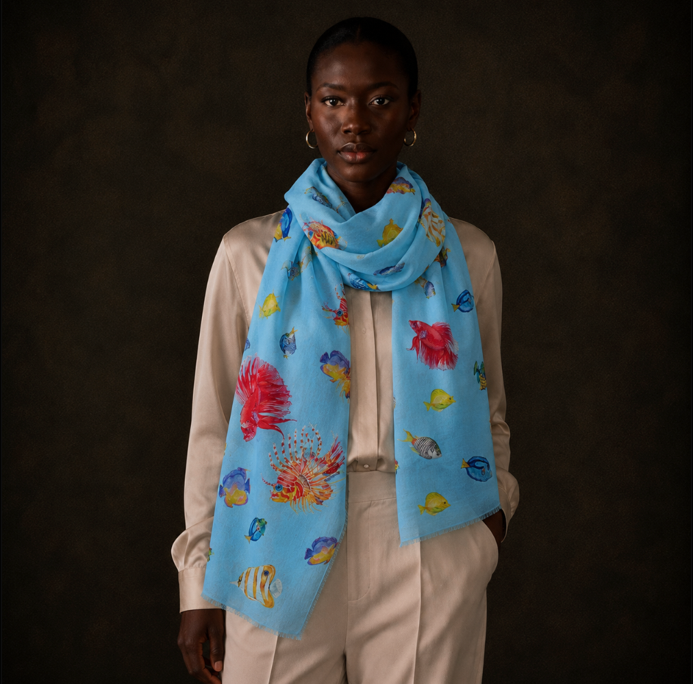 FISHTALE CASHMERE SCARF - LIGHT BLUE