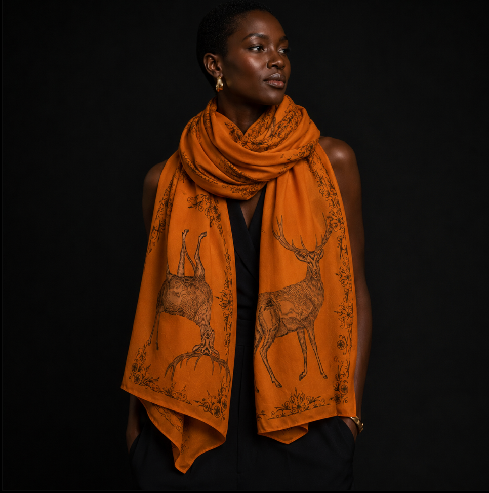 VINTAGE  ANIMALS CASHMERE SCARF - STAG GOLD