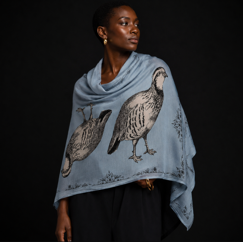 VINTAGE  ANIMALS CASHMERE SCARF - PARTRIDGE SMOKEY BLUE