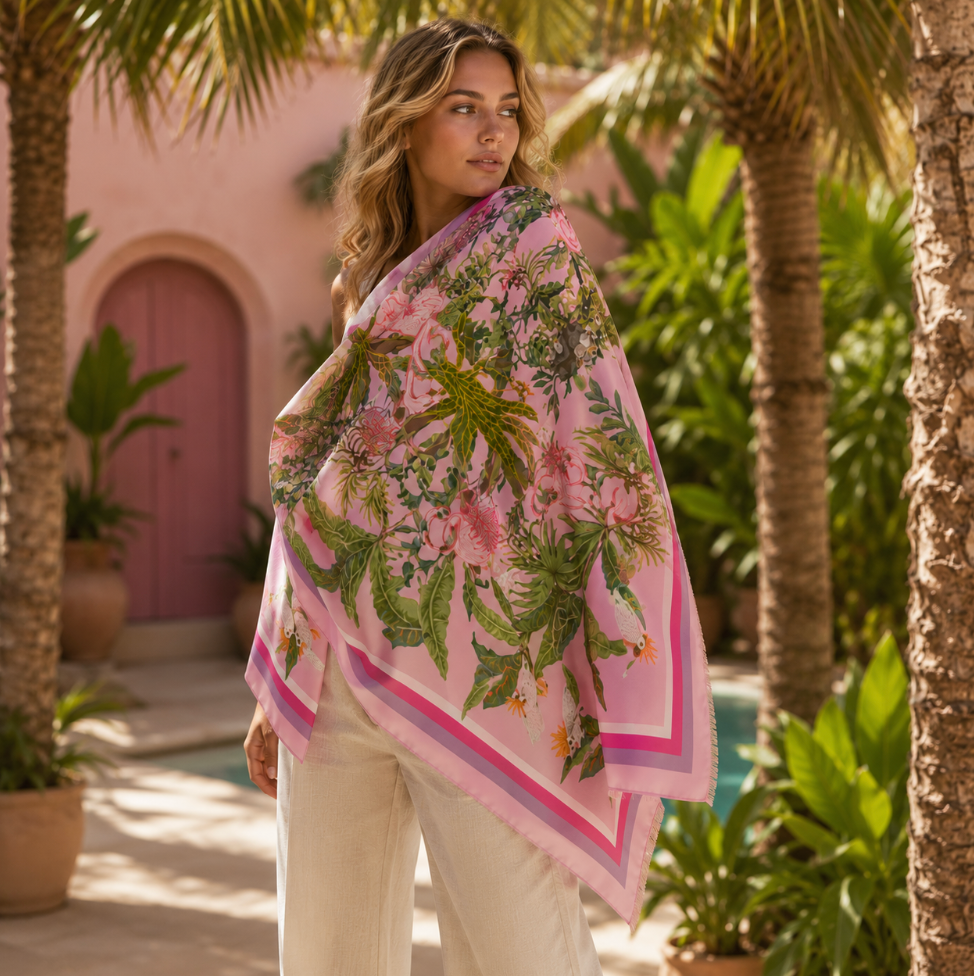 JUNGLE ANIMALS CASHMERE SCARF - ROSE