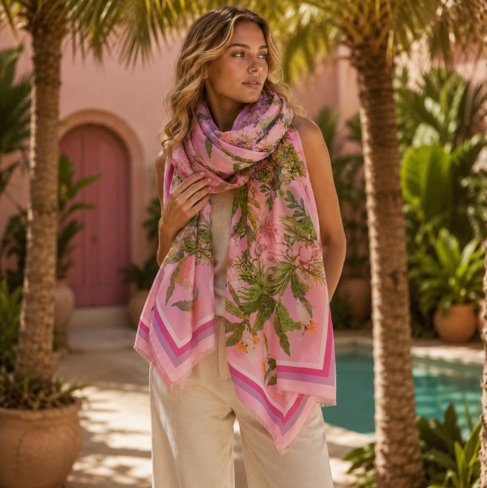 JUNGLE ANIMALS CASHMERE SCARF - ROSE