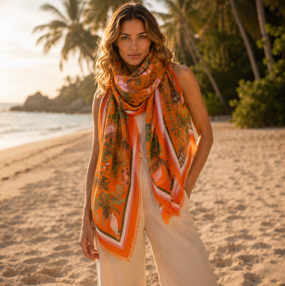 JUNGLE ANIMALS CASHMERE SCARF - ORANGE