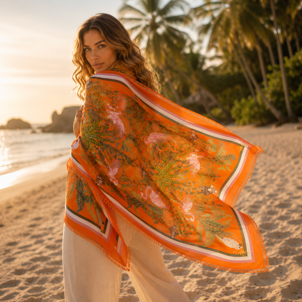 JUNGLE ANIMALS CASHMERE SCARF - ORANGE
