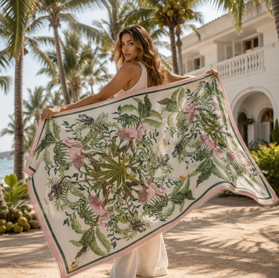 JUNGLE ANIMALS CASHMERE SCARF - white