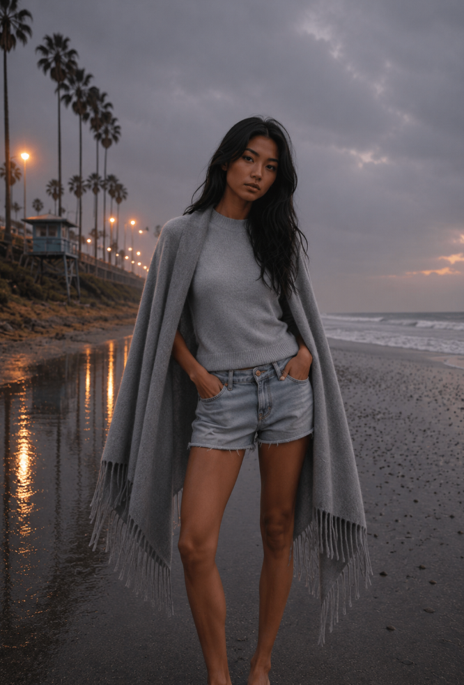SHARON CAPE WITH FRINGES - GREY