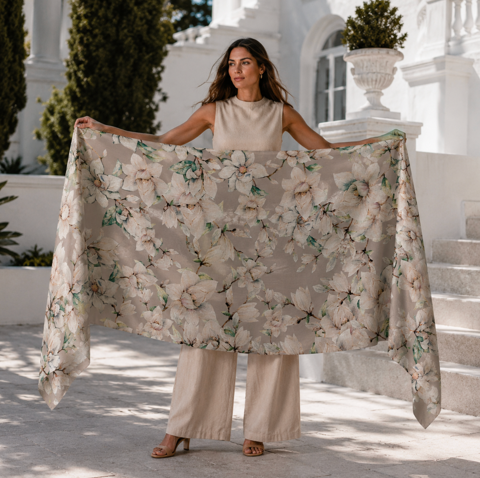 MAGNOLIA CASHMERE SCARF - LIGHT GREY