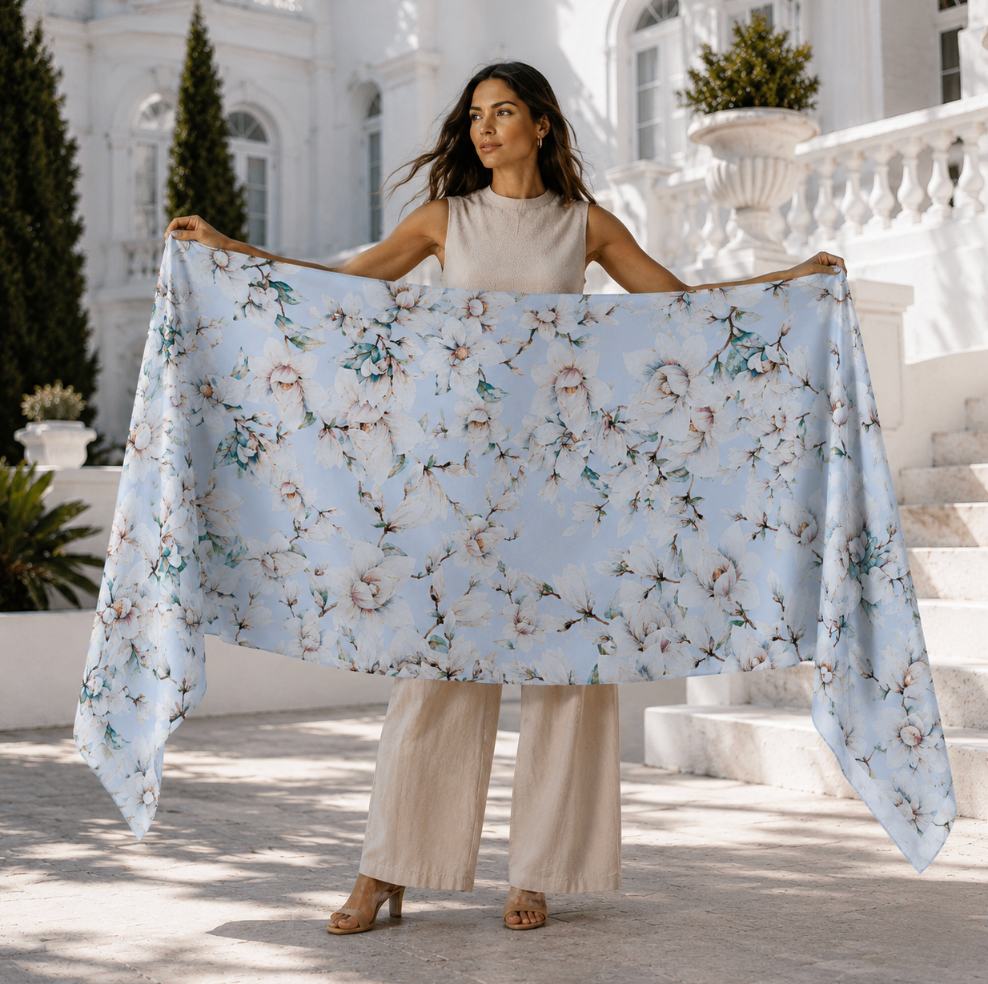 MAGNOLIA CASHMERE SCARF - LIGHT BLUE