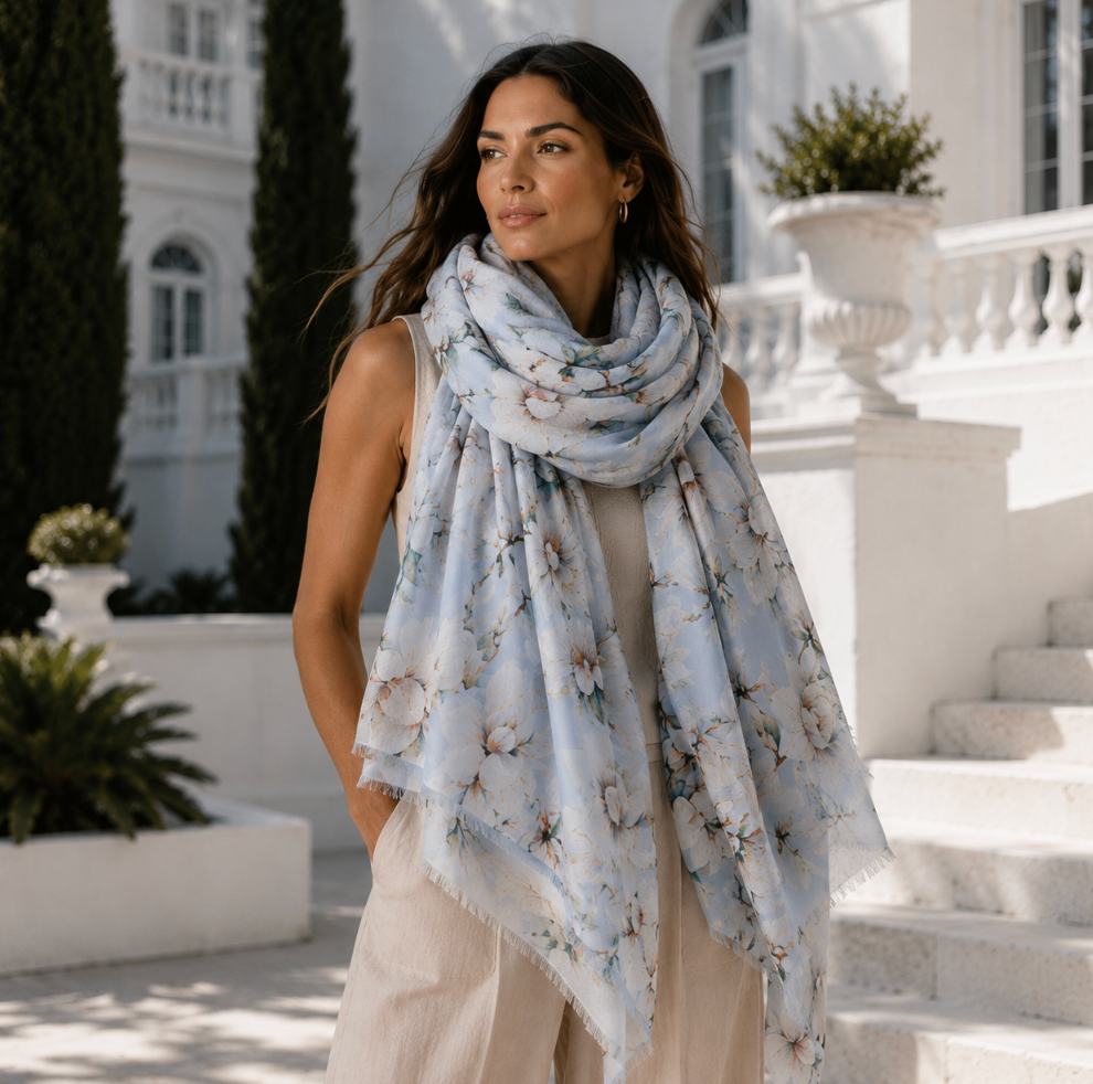 MAGNOLIA CASHMERE SCARF - LIGHT BLUE