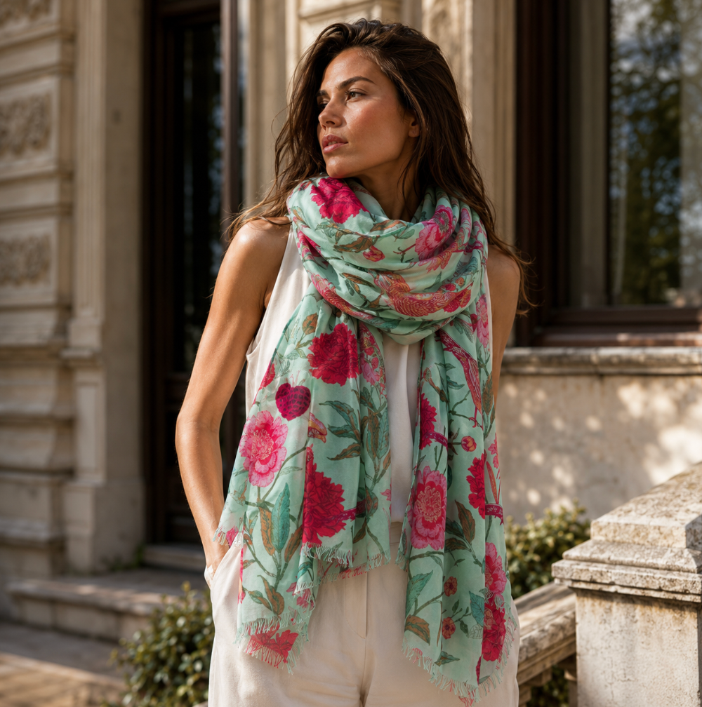 BIRD PARADISE CASHMERE SCARF - MINT