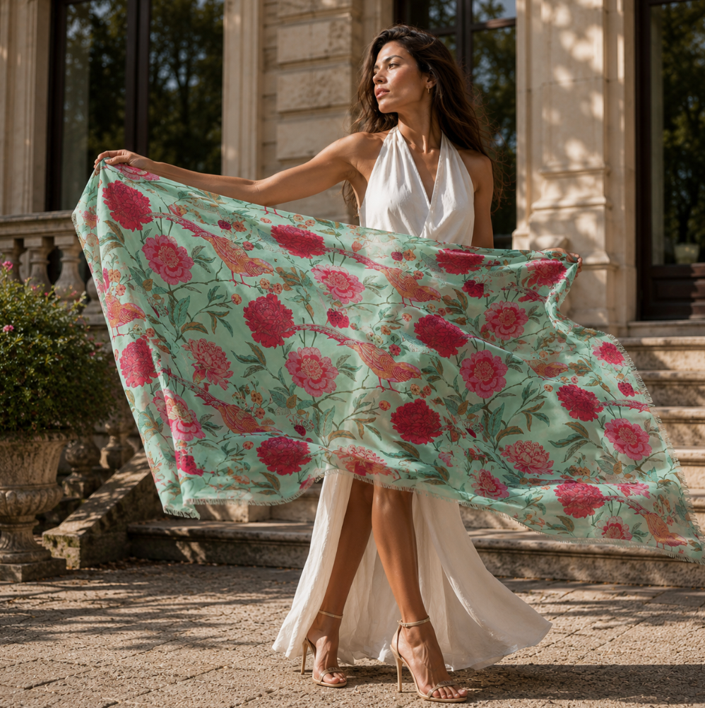 BIRD PARADISE CASHMERE SCARF - MINT