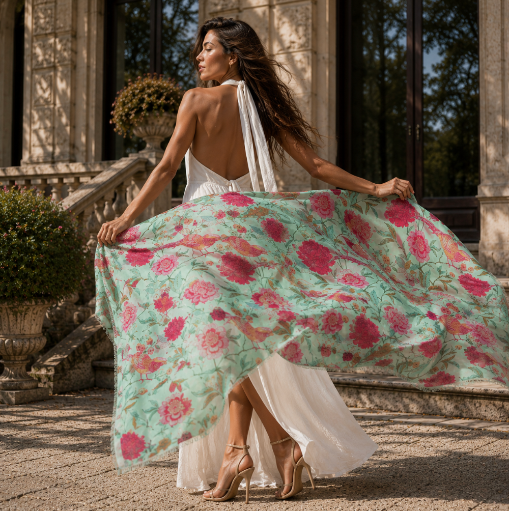 BIRD PARADISE CASHMERE SCARF - MINT