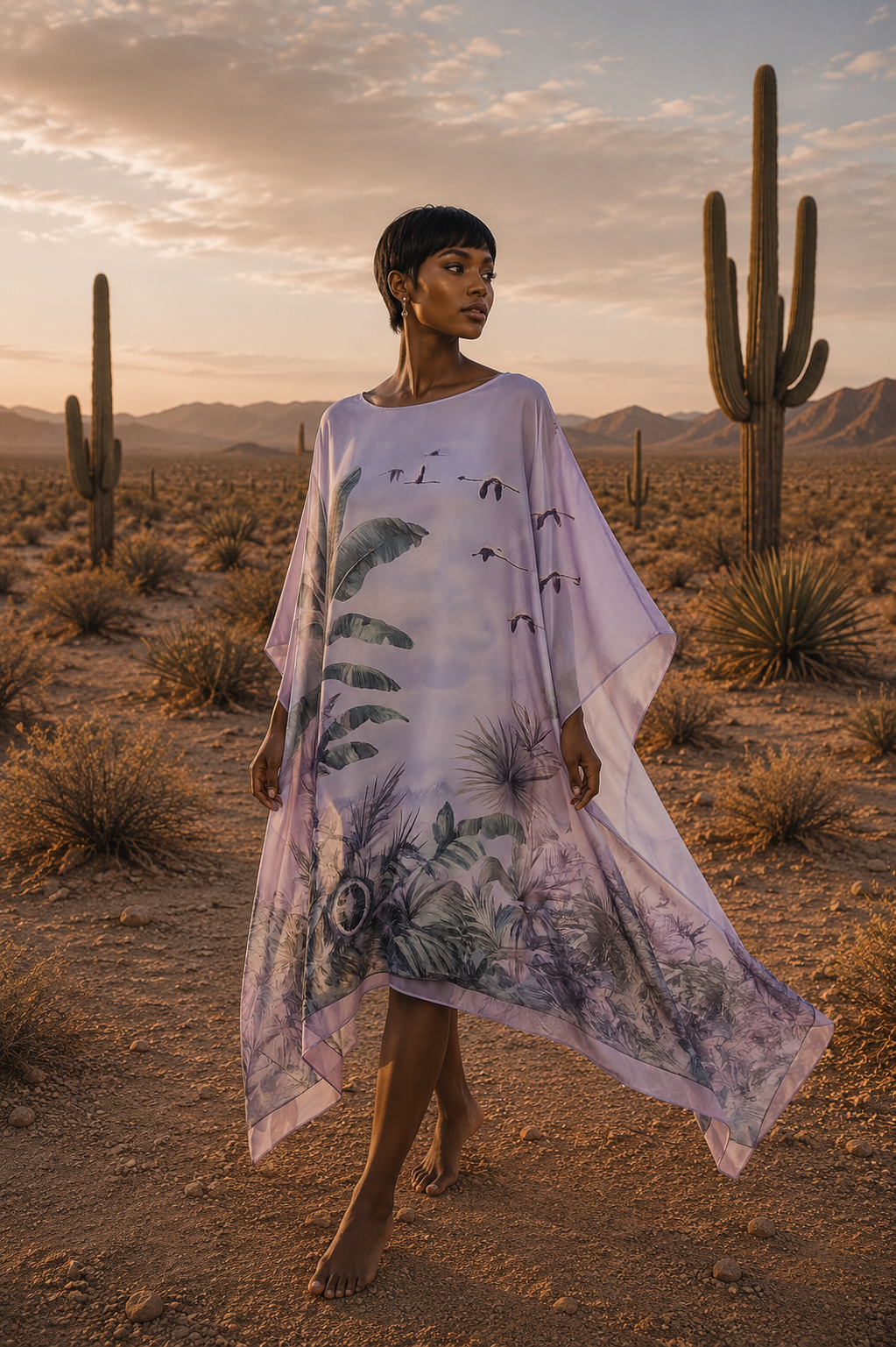 FLAMINGOS SILK TUNIC - LIGHT BLUE