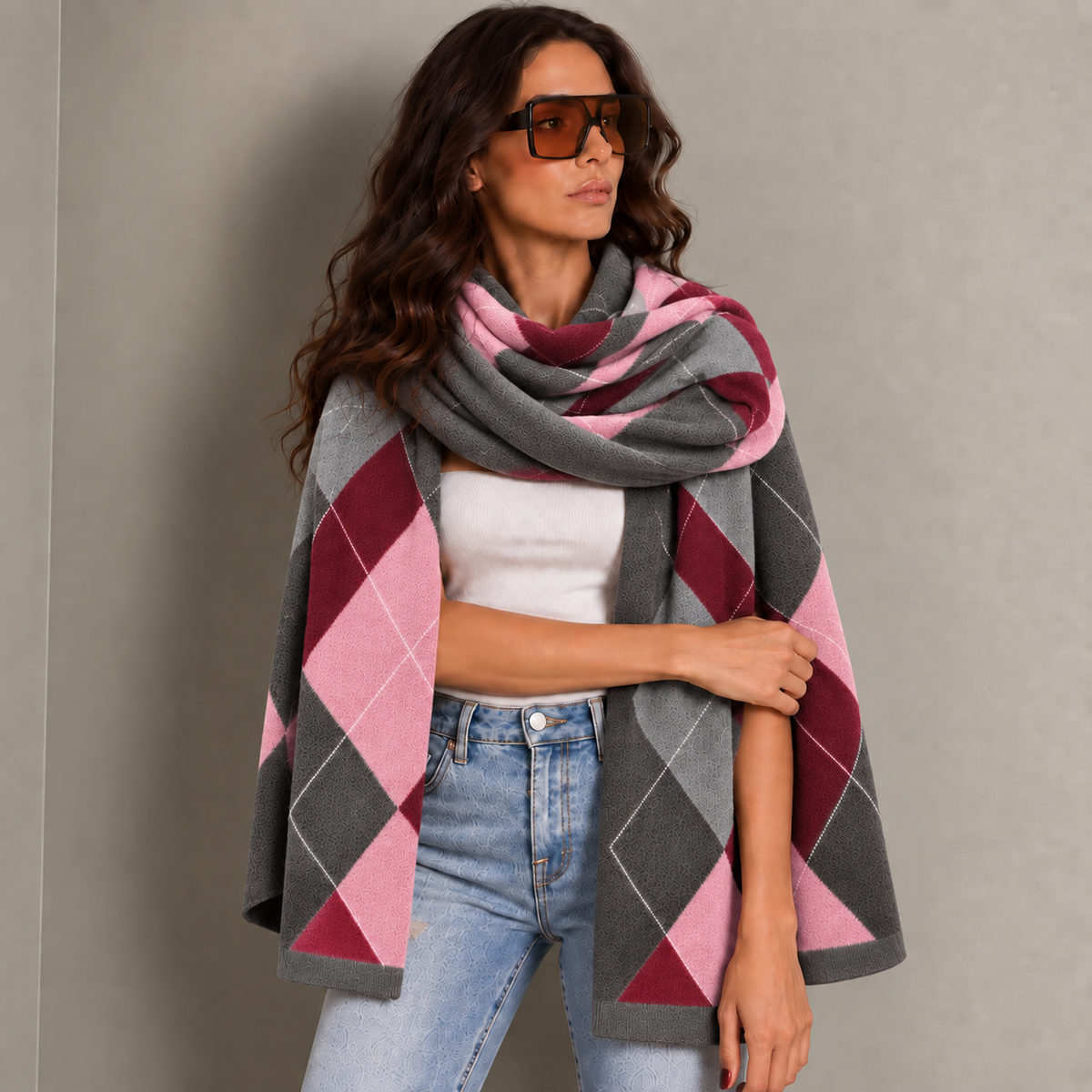 DIAMOND SCARF - GREY/BERRY