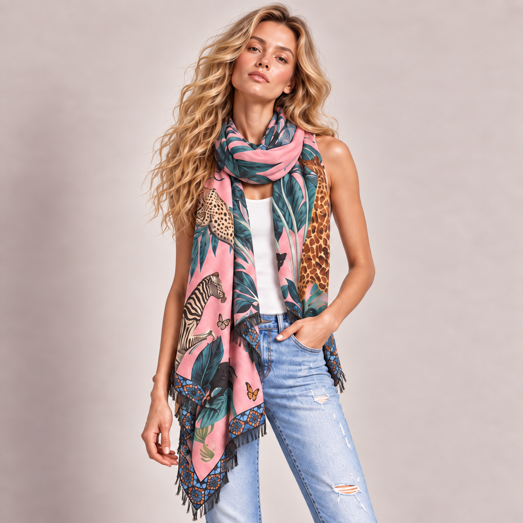 VENICE ANIMAL CASHMERE SCARF - LIGHT ROSE