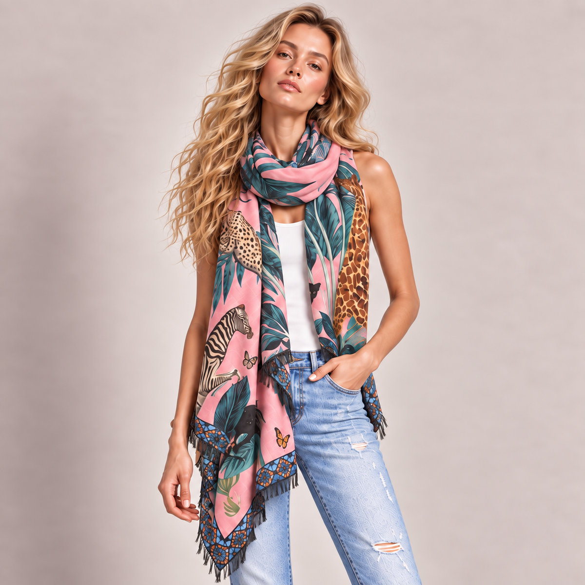 VENICE ANIMAL CASHMERE SCARF - LIGHT ROSE