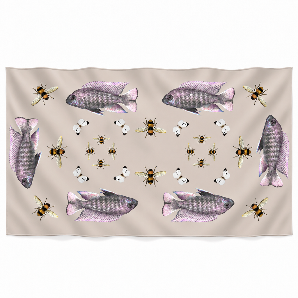 BUTTERFLY & FISH CASHMERE SCARF - TAUPE