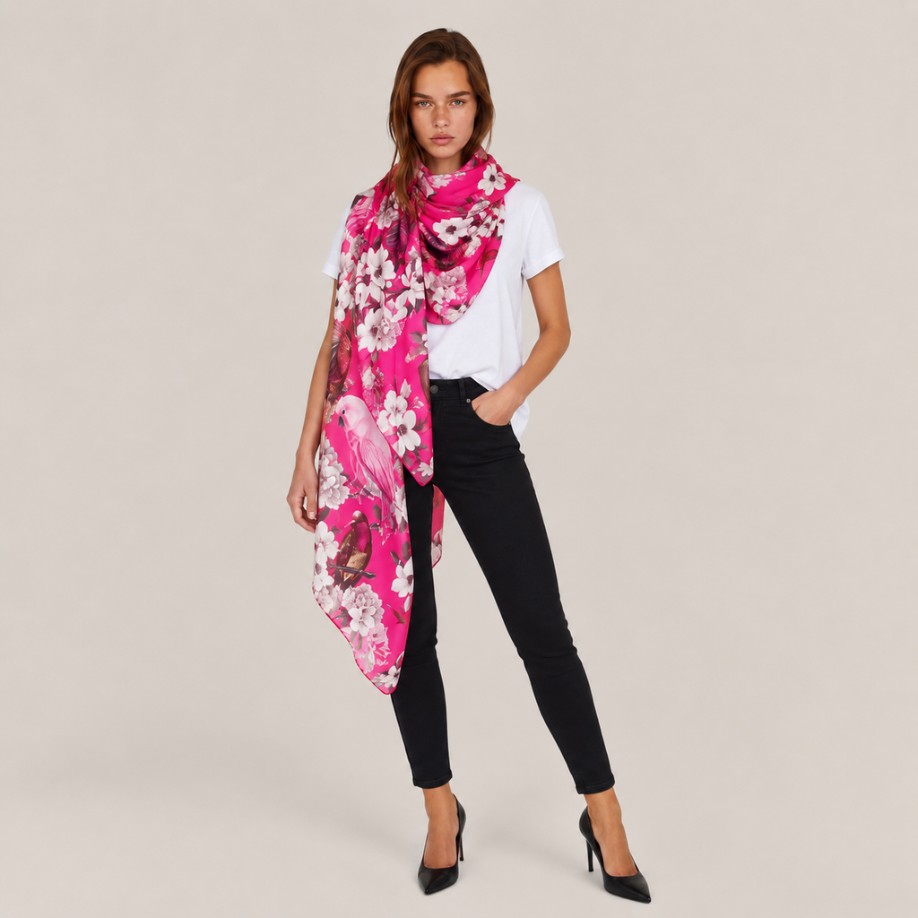 SUMMER BIRDS CASHMERE SCARF - PINK/ LIGHT PINK