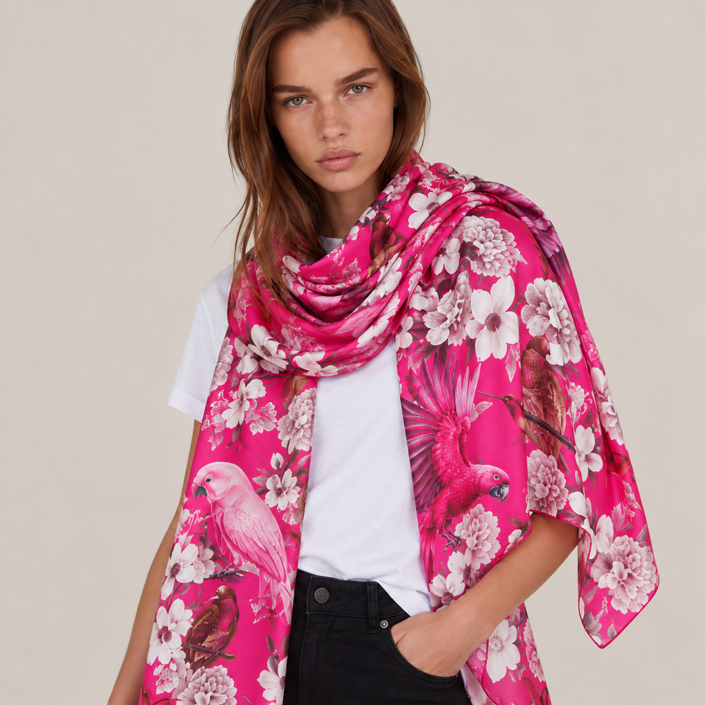 SUMMER BIRDS CASHMERE SCARF - PINK/ LIGHT PINK