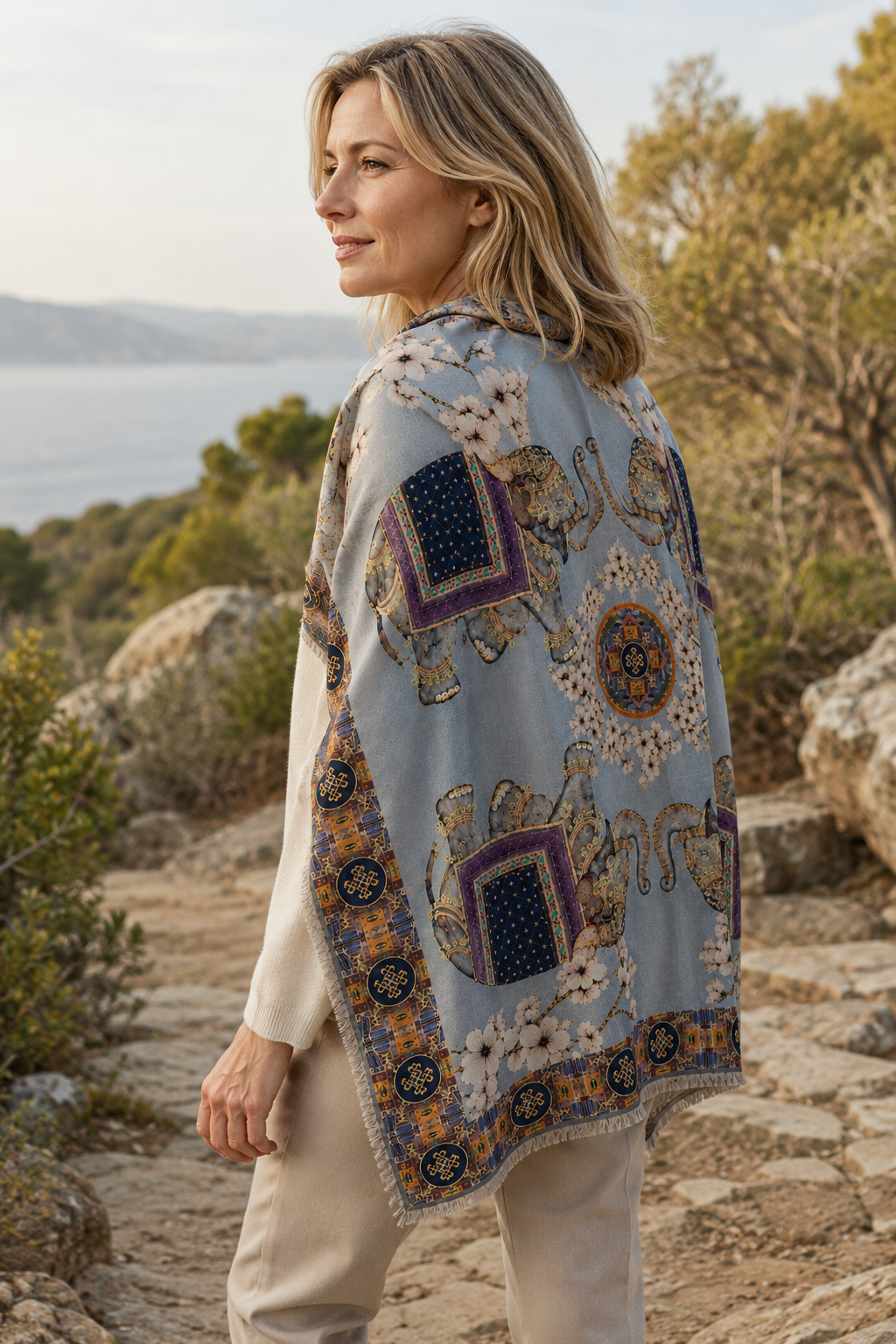 ELEPHANT CEREMONY DIGITAL PRINTED SCARF - blue
