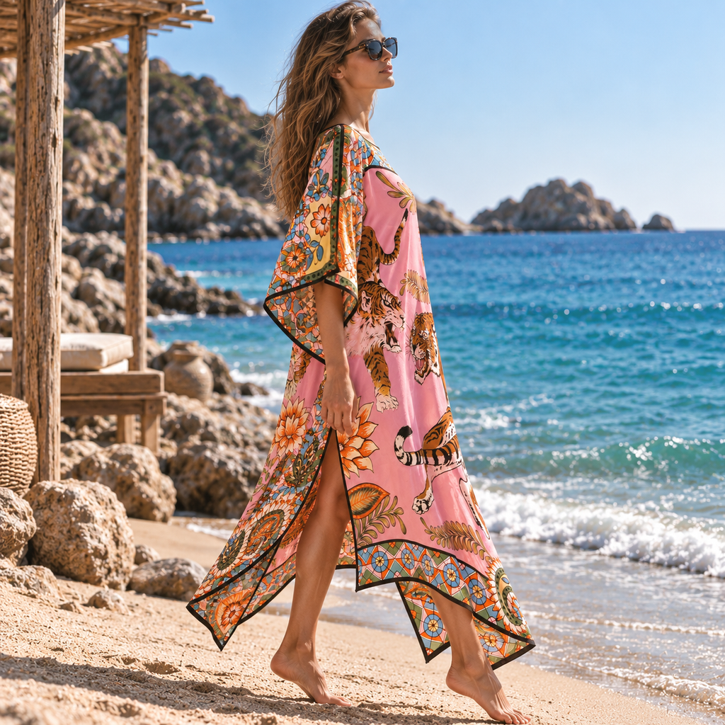 TIGER & JUNGLE SILK TUNIC - ROSE