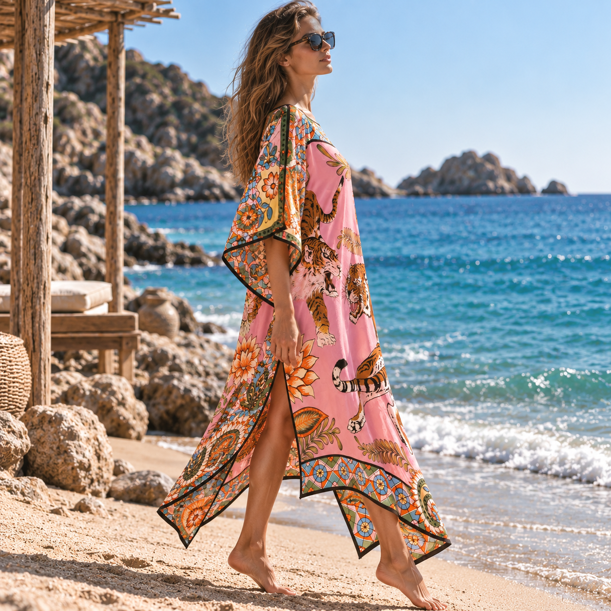 TIGER & JUNGLE SILK TUNIC - ROSE