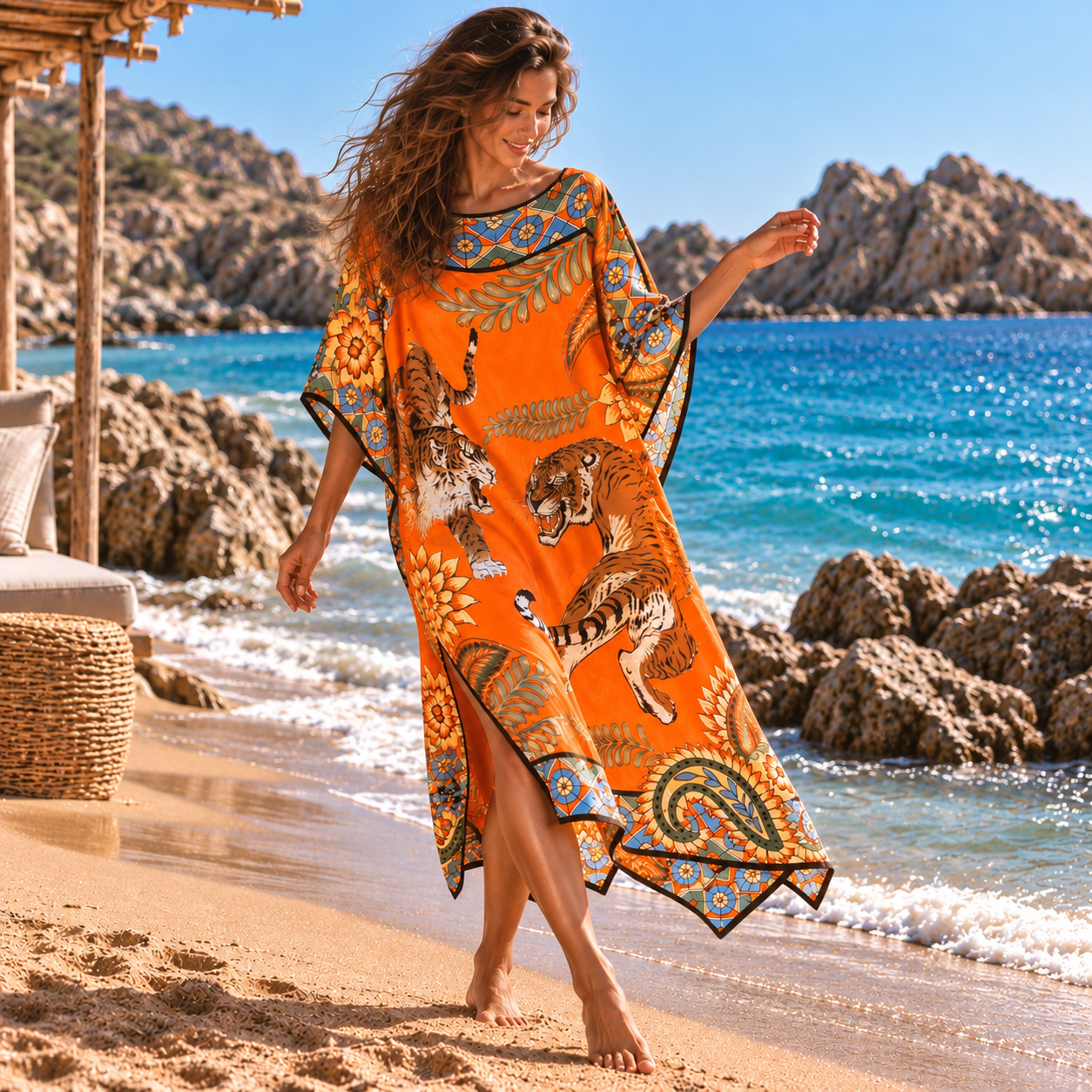 TIGER & JUNGLE SILK TUNIC - ORANGE
