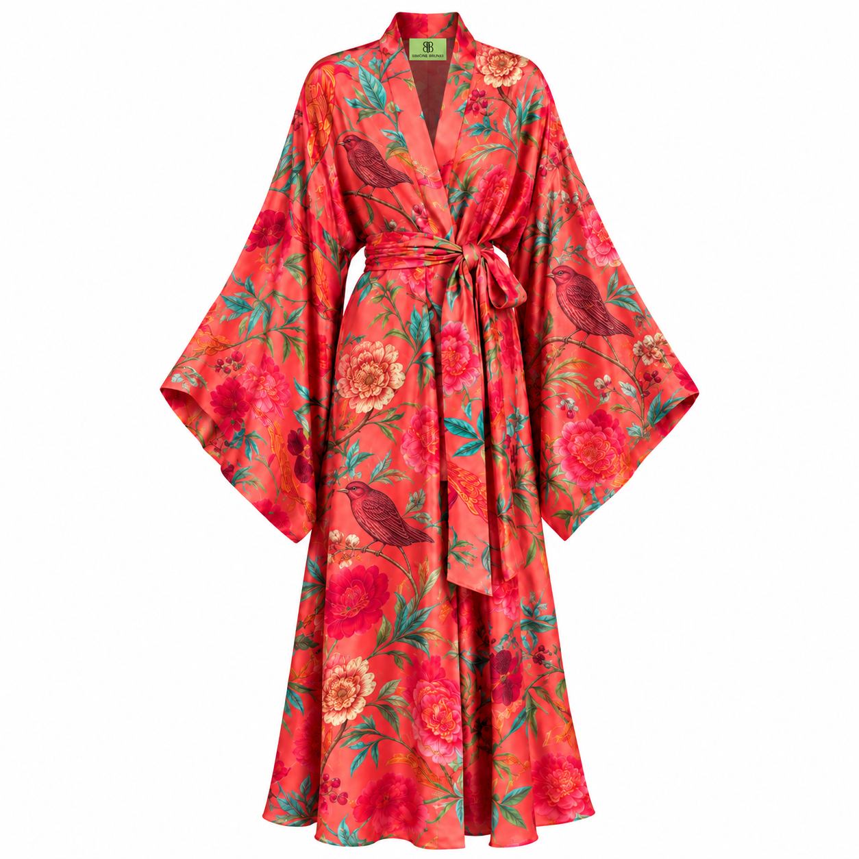 BIRDS PARADISE SILK MORNING ROBE - CORAL/DOTS