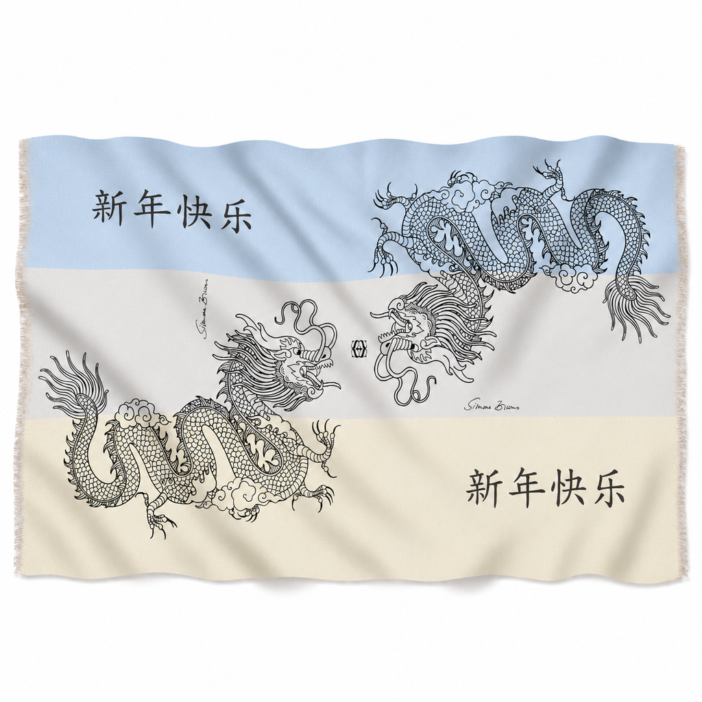 CHINESE DRAGON CASHMERE SCARF - BLUE TONES