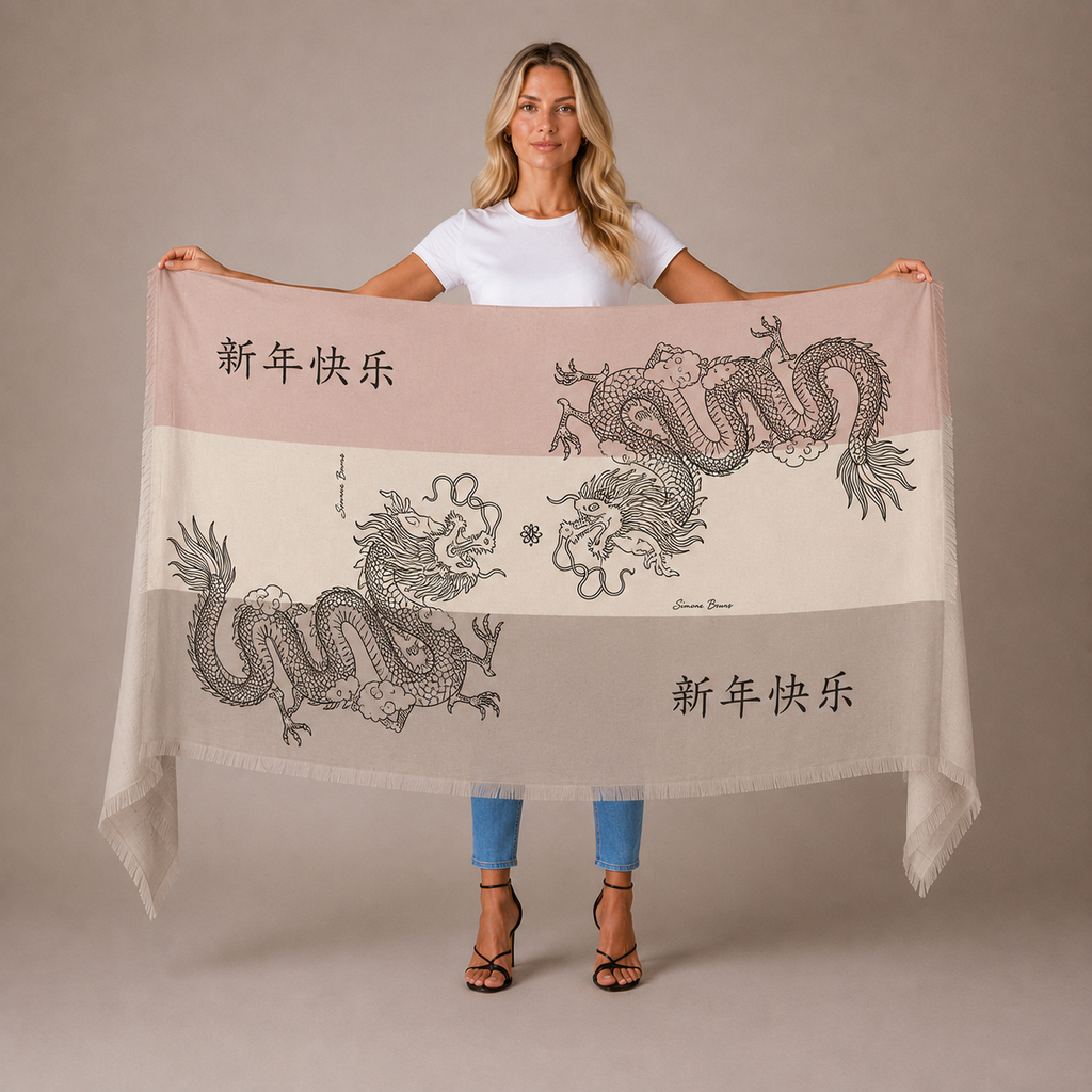 CHINESE DRAGON CASHMERE SCARF - NATURE TONES